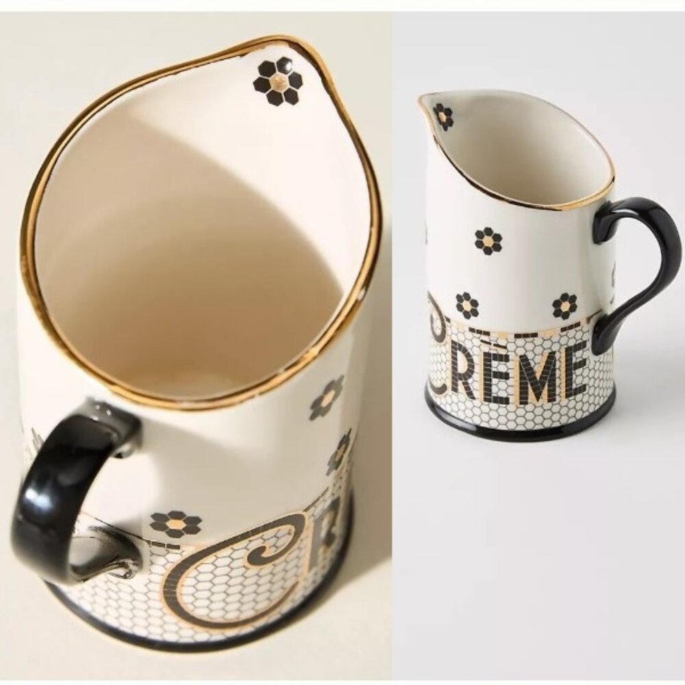Anthropologie Bistro Tile Stoneware Creamer Mosaic Paris Cafe Black Gold New - Picture 5 of 6